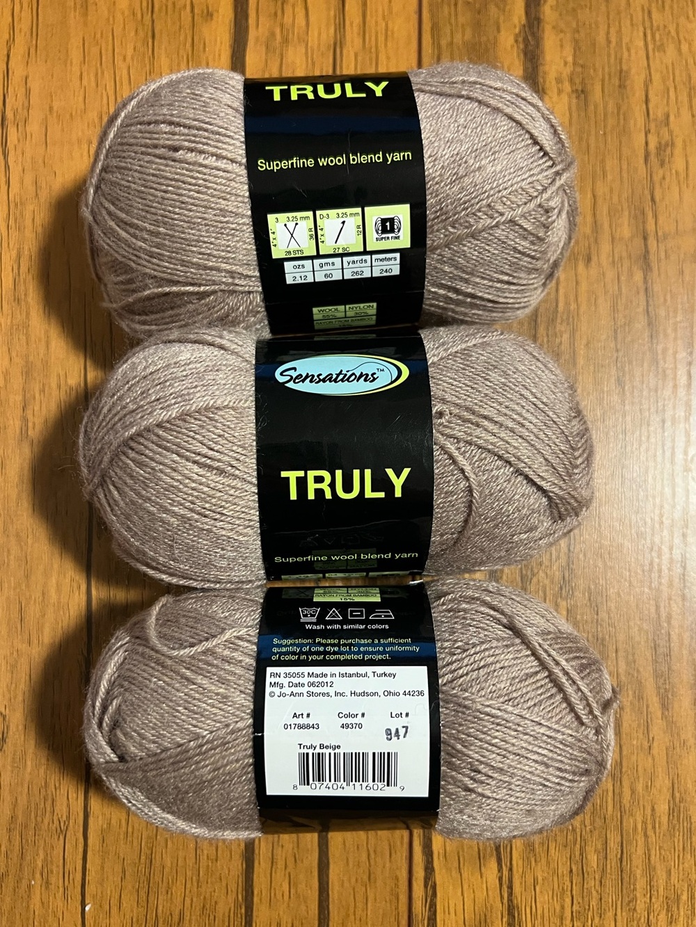 3 NWT Skeins of Truly Beige Wool Blend Superfine Yarn